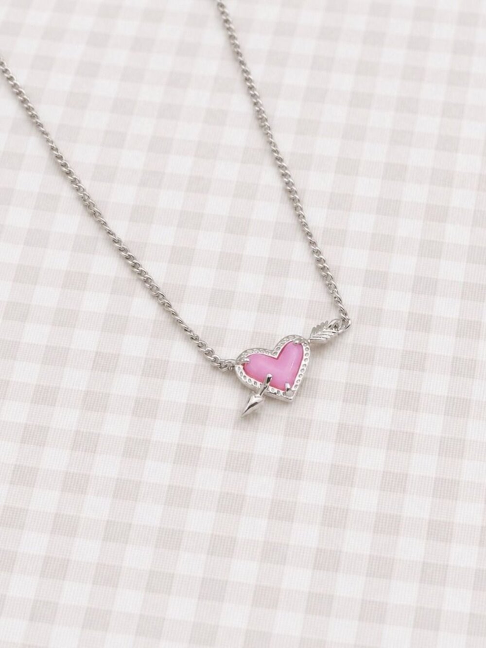 Kendra Scott Ari Heart Arrow Silver Short Necklace - Pink Opalescent Resin - Picture 2 of 2